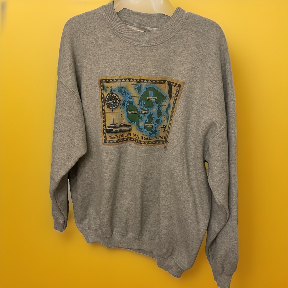 VTG Gildan San Juan Island Map Crewneck Sweatshirt XL Y2K